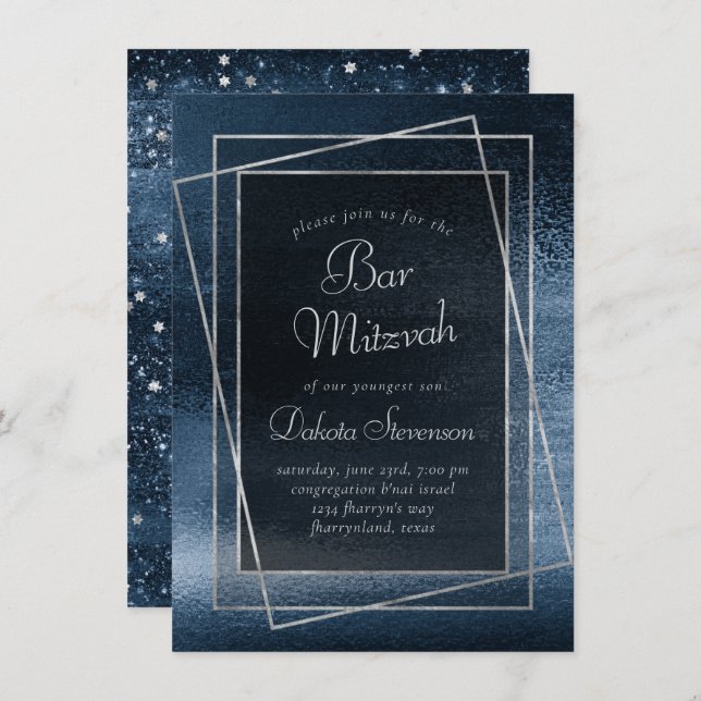 Glitzy Foil | Navy Blue Faux Glitter Bat Mitzvah Einladung (Vorne/Hinten)