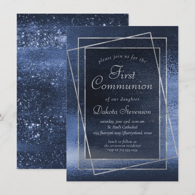 Glitzy Foil | Navy Blue Glitter First Communion Einladung (Vorne/Hinten)