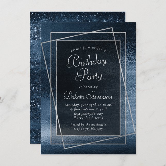 Glitzy Foil | Navy Blue Glitter Sparkle Birthday Einladung (Vorne/Hinten)