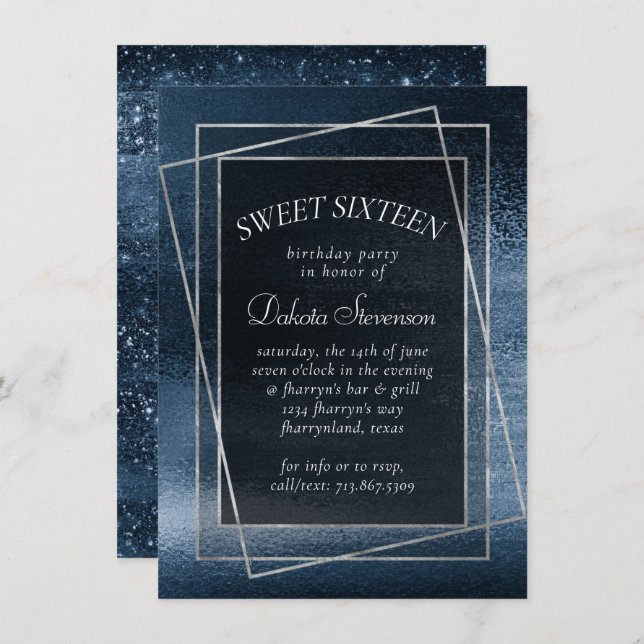 Glitzy Foil | Navy Blue Glitter Sparkle Sweet 16 Einladung (Vorne/Hinten)