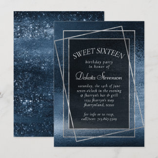 Glitzy Foil | Navy Blue Glitter Sparkle Sweet 16 Einladung