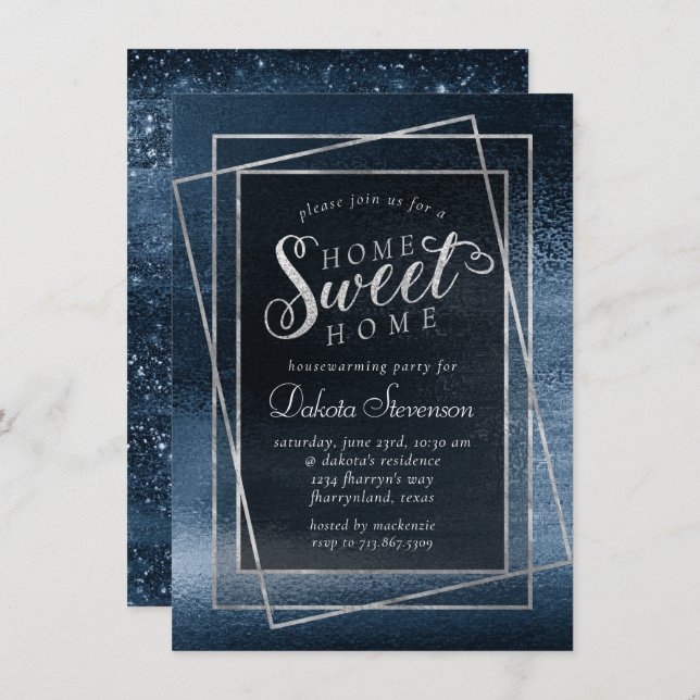 Glitzy Foil | Navy Blue Sparkle Home Sweet Home Einladung (Vorne/Hinten)