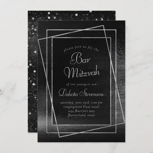 Glitzy Foil | Platinum Silver Bar or Bat Mitzvah Einladung (Vorne/Hinten)