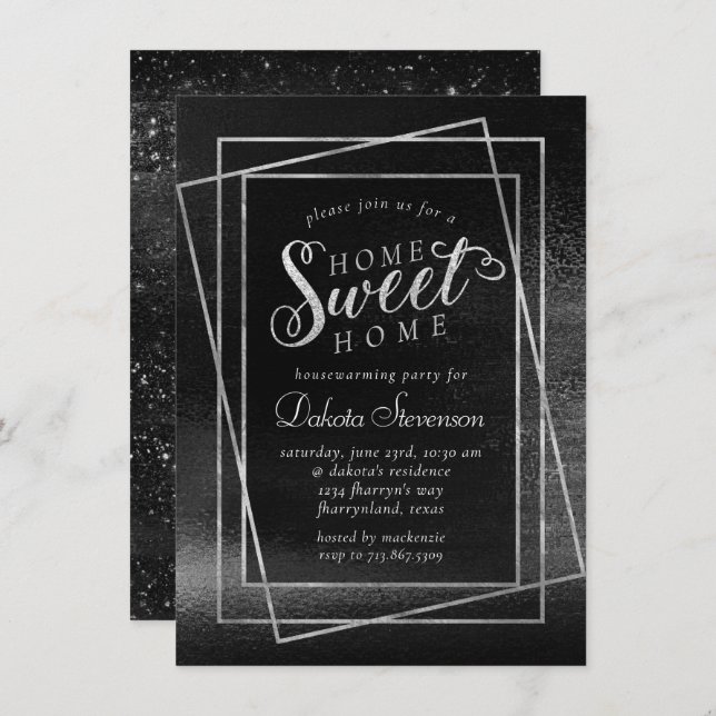Glitzy Foil | Platinum Silver Shimmer Housewarming Einladung (Vorne/Hinten)