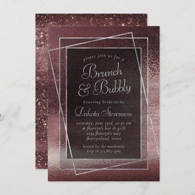 Glitzy Foil | Rose Gold Blush Glam Bubbly Brunch Einladung (Vorne/Hinten)