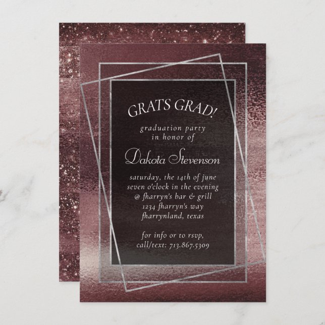 Glitzy Foil | Rose Gold Mauve Blush Graduation Einladung (Vorne/Hinten)