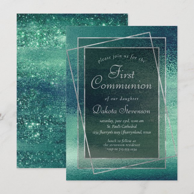Glitzy Foil | Seafoam Iridescent Green Communion Einladung (Vorne/Hinten)