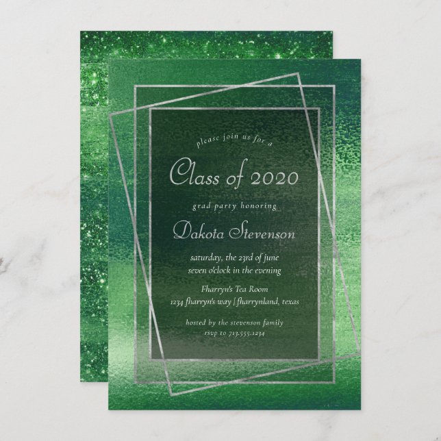 Glitzy Foil | Shamrock Green Sparkle Graduation Einladung (Vorne/Hinten)