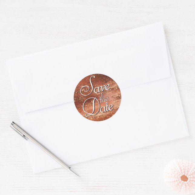 Glitzy Foil | Terra Cotta Orange Save the Date Runder Aufkleber (Umschlag)