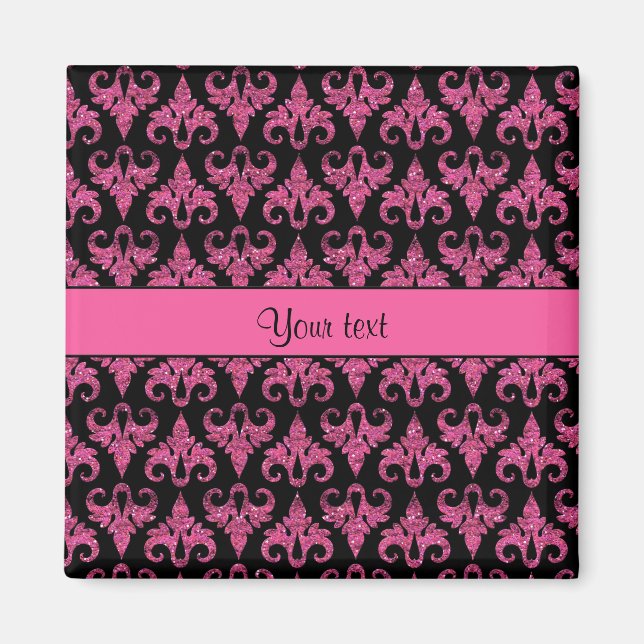 Glitzy Funkelnd Hot Pink Glitzern Damask Magnet (Vorne)