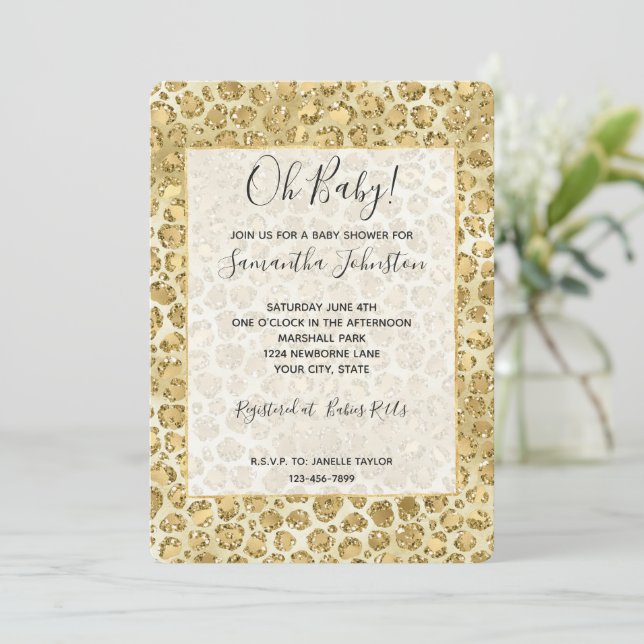 Glitzy Glam Gold Glitzer Leopard Print Einladung (Stehend Vorderseite)
