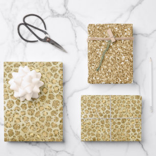 Glitzy Glam Gold Glitzer Leopard Print Geschenkpapier Set
