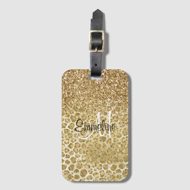Glitzy Glam Gold Glitzer Leopard Print Monogram Gepäckanhänger (Vorderseite Vertikal)