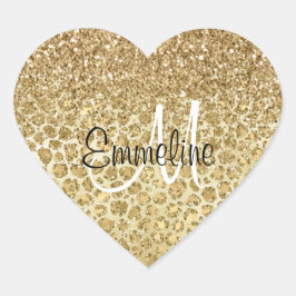 Glitzy Glam Gold Glitzer Leopard Print Monogram Herz-Aufkleber