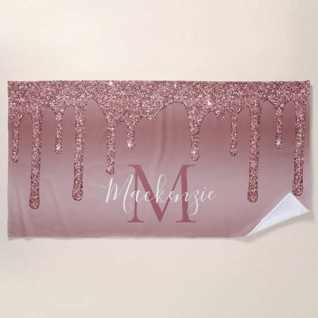 Glitzy GlamRose Gold Dripping Glitzer Monogram Strandtuch (Vorderseite)