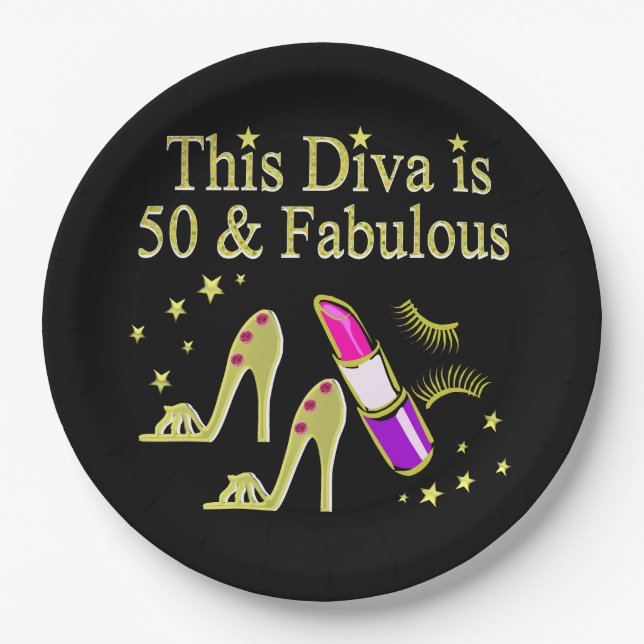 GLITZY GOLD 50. BIRTHDAY DIVA DESIGN PAPPTELLER (Vorderseite)