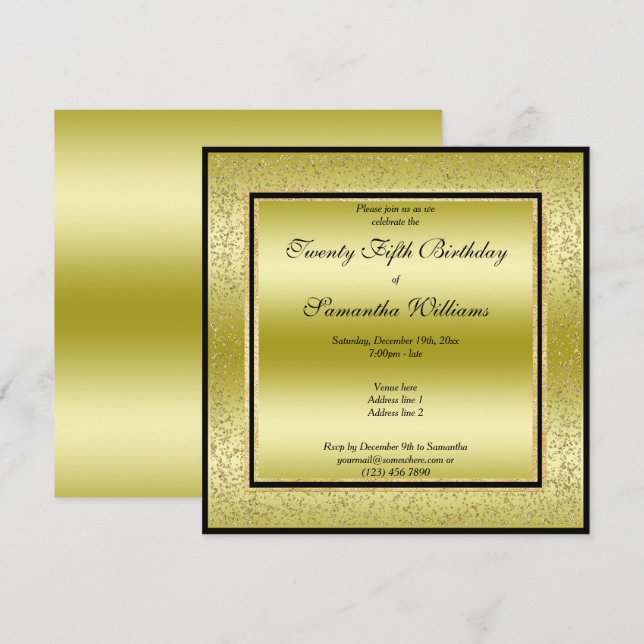 Glitzy Gold & Black, Gold Glitzer Rahmen Geburtsta Einladung (Vorne/Hinten)