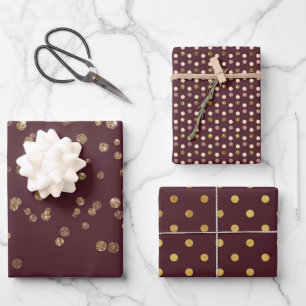 Glitzy Gold Glam Burgundy Dots Geschenkpapier Set