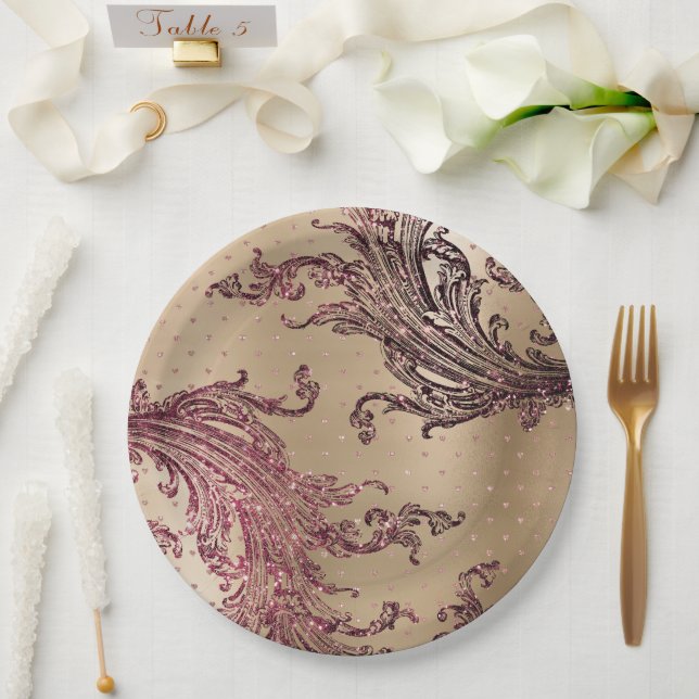 Glitzy Gold Glam Burgundy Hearts Brautparty Pappteller (Hochzeit)