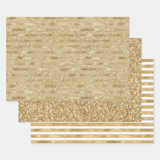 Glitzy Gold Glam Glitzer Streifen Geschenkpapier Set (Set)