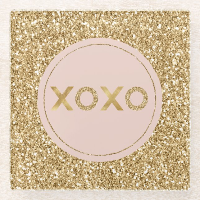 Glitzy Gold Glitzer Blush Pink Liebe XOXO Glasuntersetzer (Vorderseite)