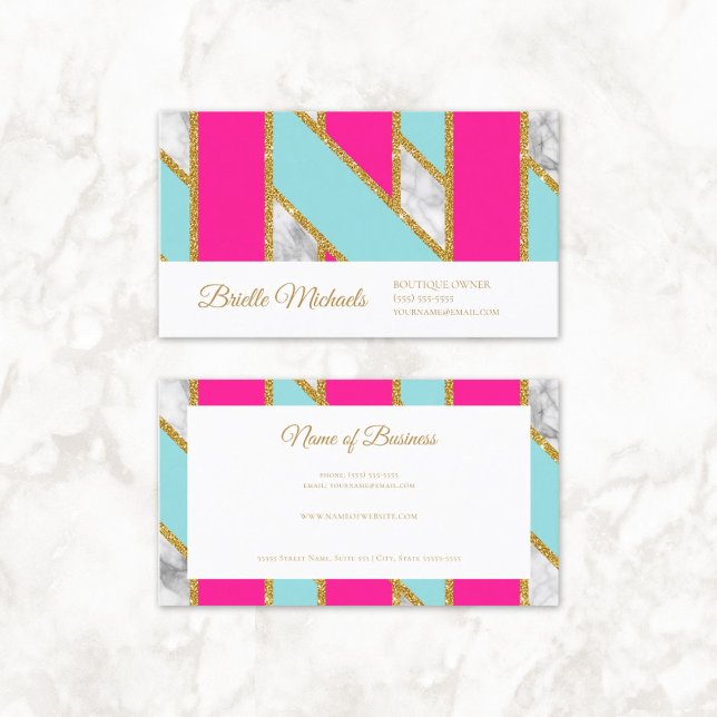 Glitzy Gold Glitzer Rosa blaue Streifen und Marmor Visitenkarte (Glitzy Gold Glitter Pink Blue Stripes and Marble Business Cards)