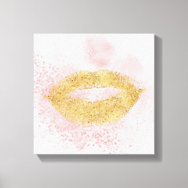Glitzy Gold Lips Pink Confetti Kiss Leinwanddruck (Vorderseite)