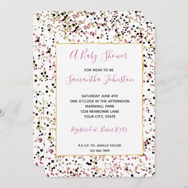 Glitzy Gold Pink Black Confetti Dots Baby Dusche Einladung (Vorne/Hinten)