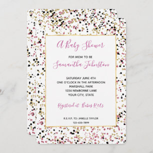 Glitzy Gold Pink Black Confetti Dots Baby Dusche Einladung