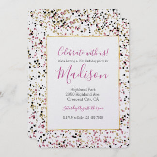 Glitzy Gold Pink Black Confetti Dots Geburtstag Einladung