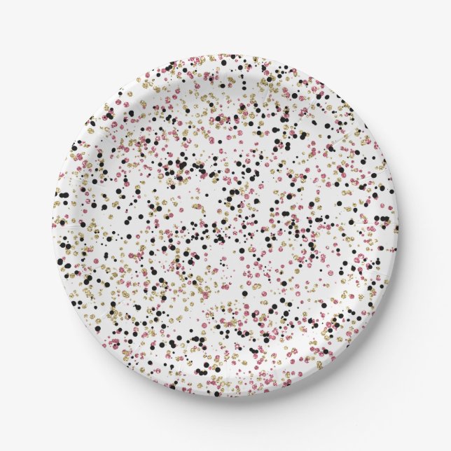 Glitzy Gold Pink Black Confetti Dots Geburtstag Pappteller (Vorderseite)