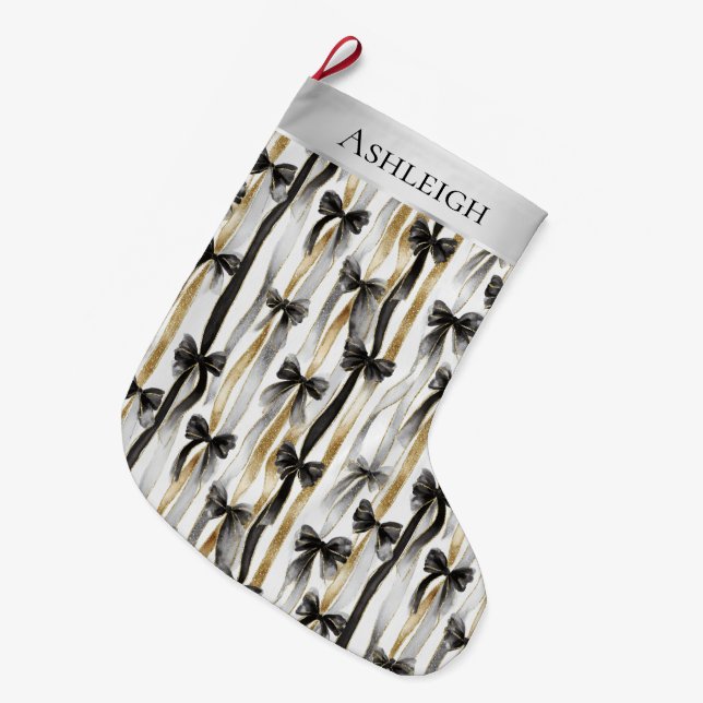 Glitzy Gold Silver Black Ribbons Bows Christmas Großer Weihnachtsstrumpf (Vorderansicht (hängend))