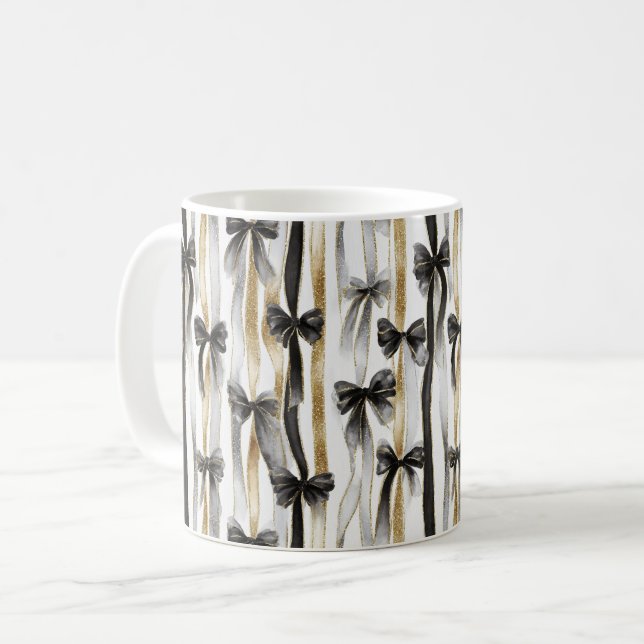 Glitzy Gold Silver Black Ribbons Bows Kaffeetasse (Vorderseite Links)