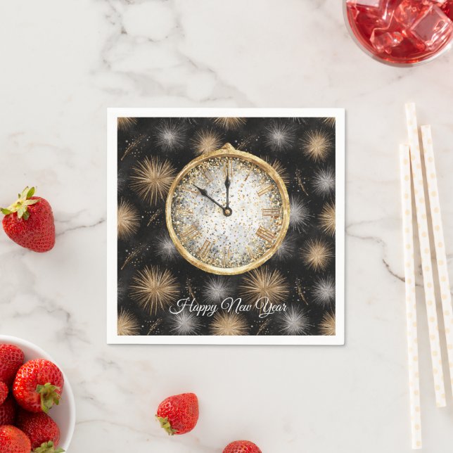 Glitzy Gold Silver Fireworks New Year's Clock Serviette (Beispiel)