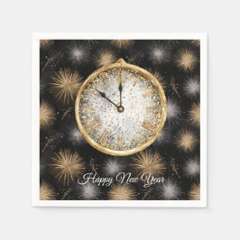 Glitzy Gold Silver Fireworks New Year's Clock Serviette