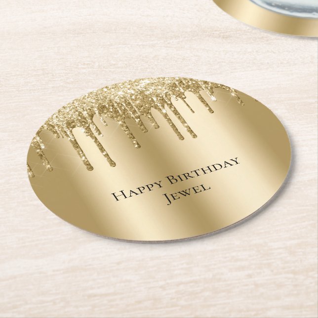 Glitzy Gold Sparkle Glitzer Tropfen Geburtstag Runder Pappuntersetzer (Angewinkelt)