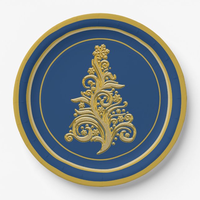 Glitzy Gold Tree mit Blue Background Holiday Pappteller (Vorderseite)