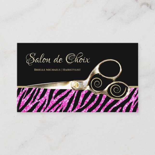 Glitzy Hot Pink Zebra Print Gold Scissors Salon Visitenkarte (Vorderseite)