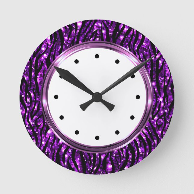 Glitzy Lila Zebra Animal Pattern Runde Wanduhr (Vorderseite)