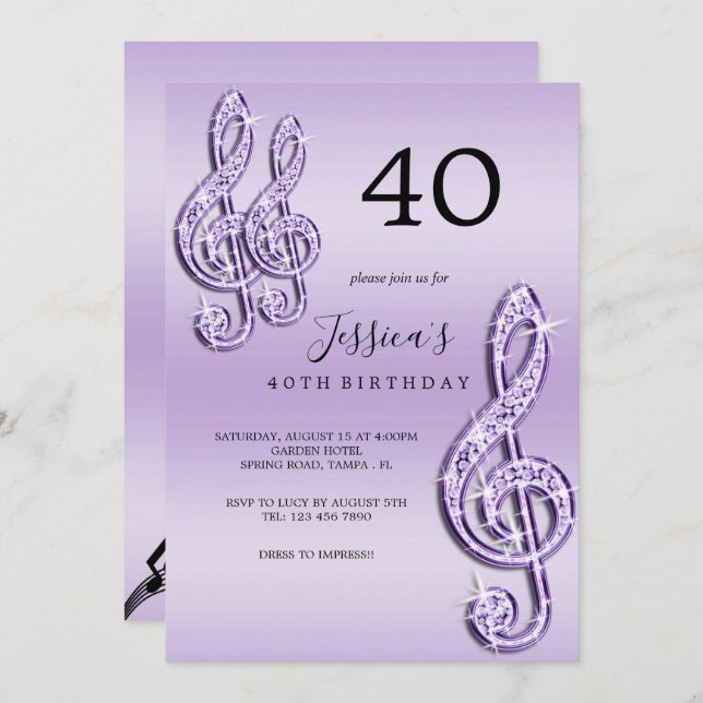 Glitzy Lilac Musiknotens Birthday Einladung (Vorne/Hinten)