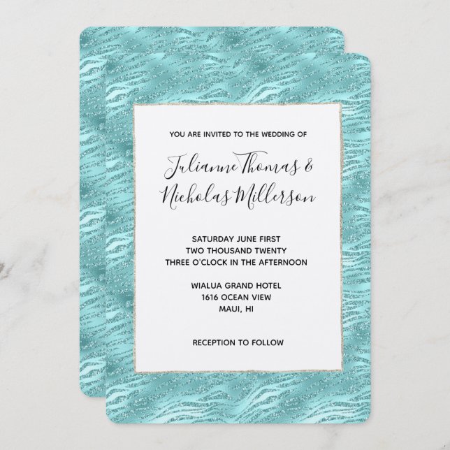 Glitzy Mint Zebra Print Wedding Einladung (Vorne/Hinten)