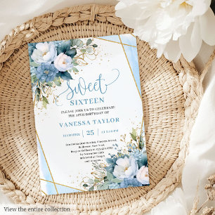 Glitzy Pastel Blue White Gold Blume Sweet 16 Einladung