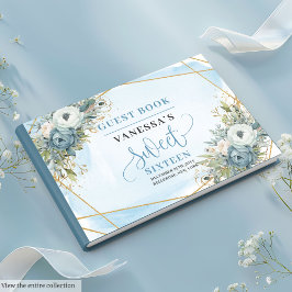 Glitzy Pastel Blue White Gold Blume Sweet 16. Gästebuch