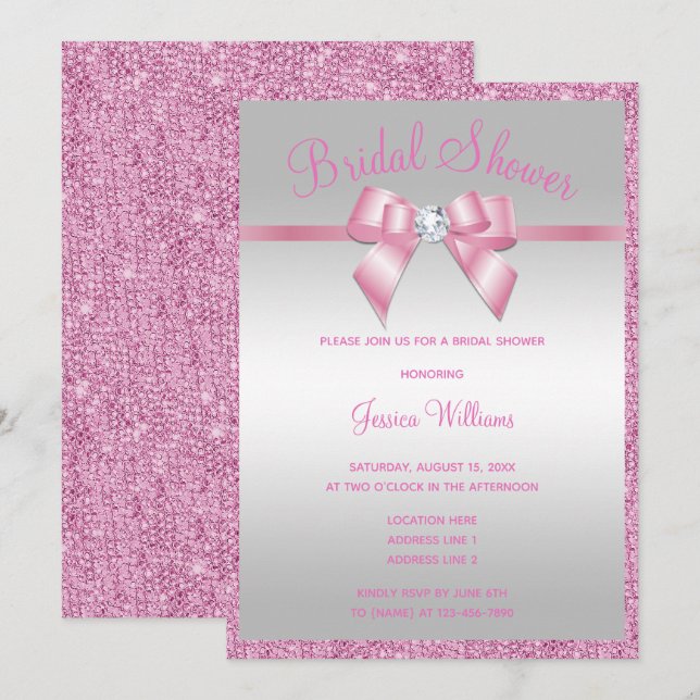 Glitzy Pink Glitzer & Gem Bow Brautparty Einladung (Vorne/Hinten)