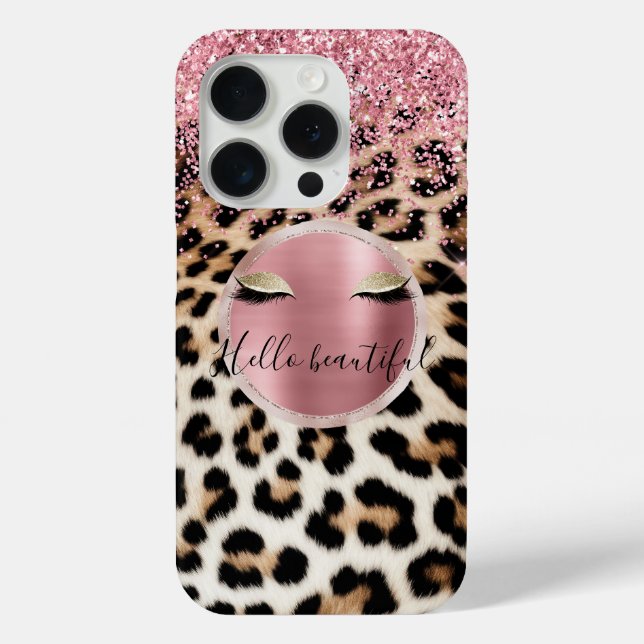 Glitzy Pink Glitzer Gold Eyelashes Leopard Case-Mate iPhone Hülle (Rückseite)