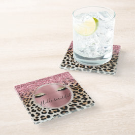 Glitzy Pink Glitzer Gold Eyelashes Leopard Glasuntersetzer