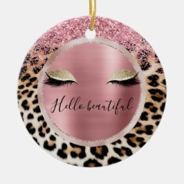 Glitzy Pink Glitzer Gold Eyelashes Leopard Keramik Ornament