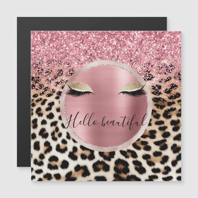 Glitzy Pink Glitzer Gold Eyelashes Leopard Magnetkarte (Vorne/Hinten)