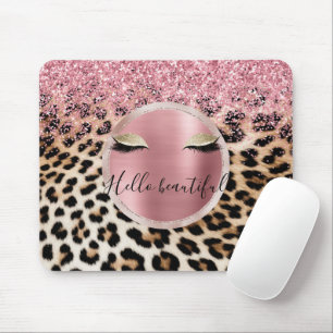 Glitzy Pink Glitzer Gold Eyelashes Leopard Mousepad