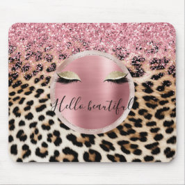 Glitzy Pink Glitzer Gold Eyelashes Leopard Mousepad